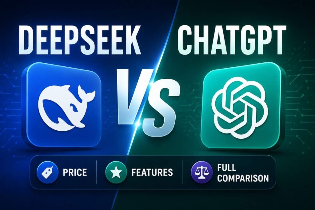 DeepSeek vs ChatGPT AI comparison illustration showing two chatbot interfaces side by side