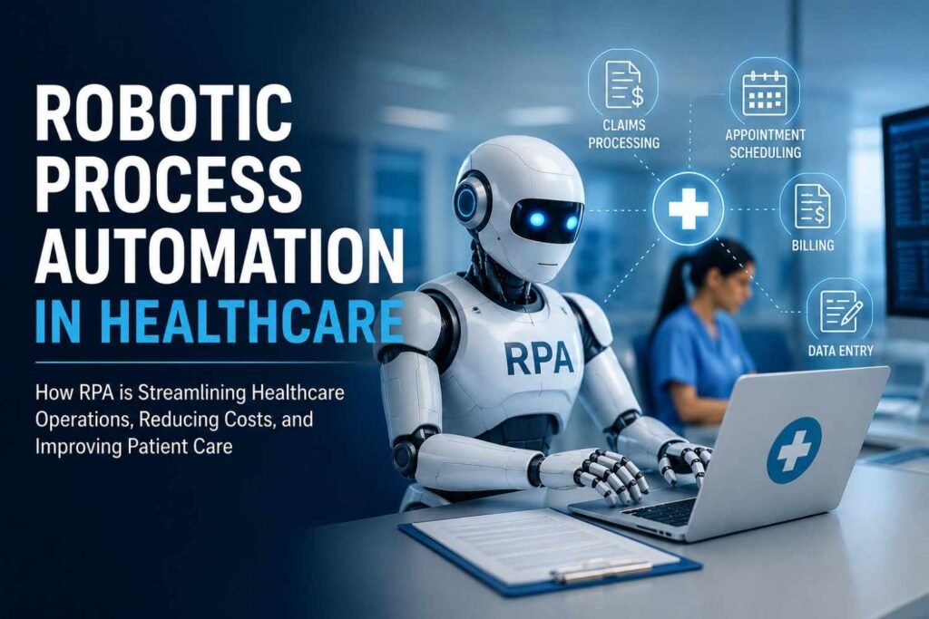 Robotic process automation in healthcare shown as software bots managing hospital claims and scheduling data