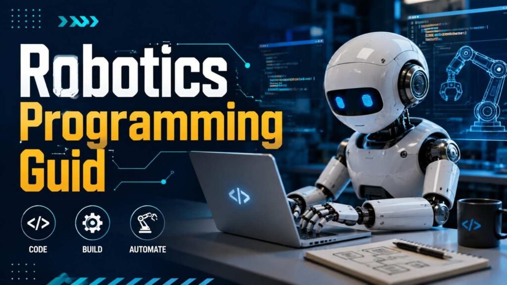 Engineer programming a robotic arm in a modern automation lab